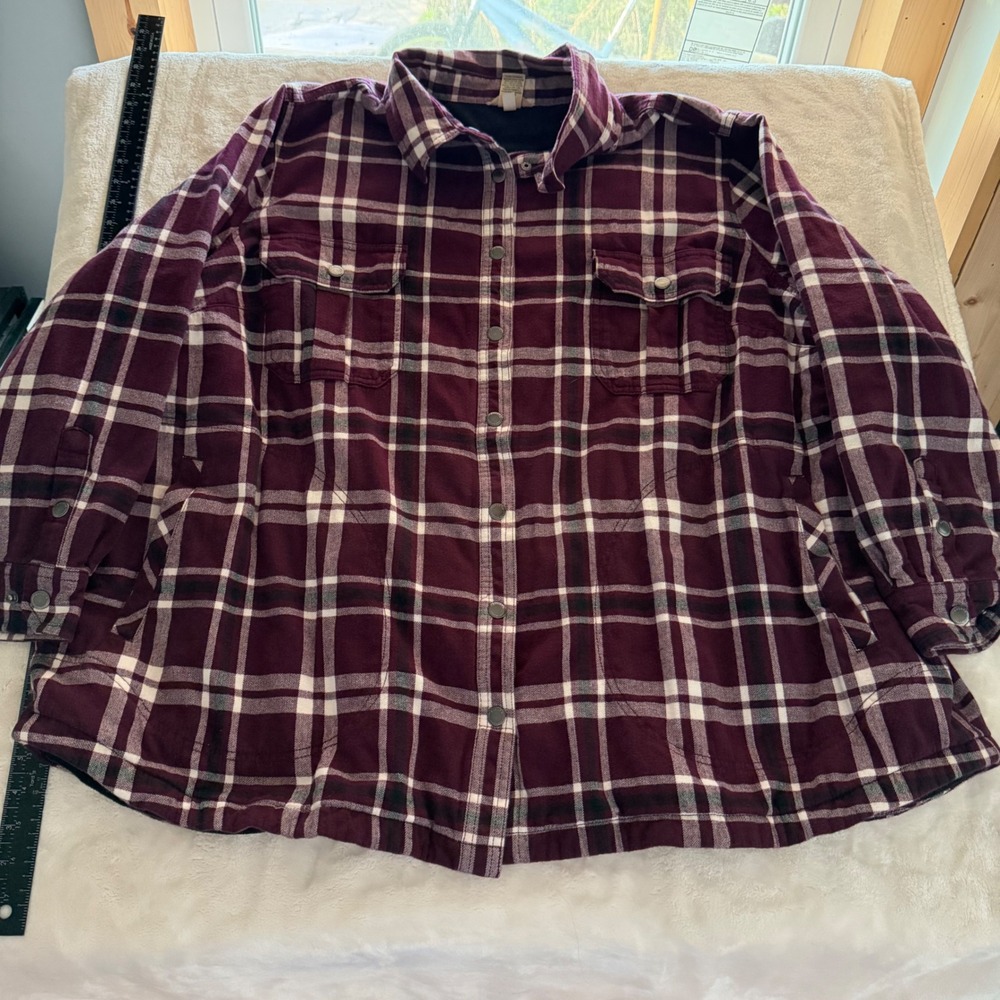 Duluth Trading Co Fleece Lined Flannel Shirt Jacket Burgundy Plaid Womens 4X